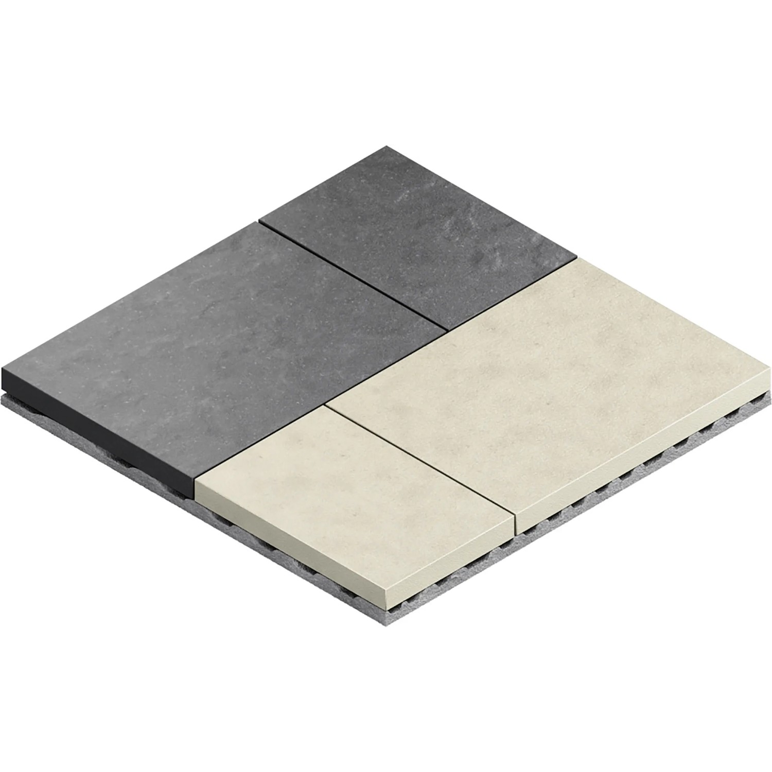 Piastrelle: Piastrelle in ceramica grigie e beige su materiale di supporto, adatte per uso esterno.