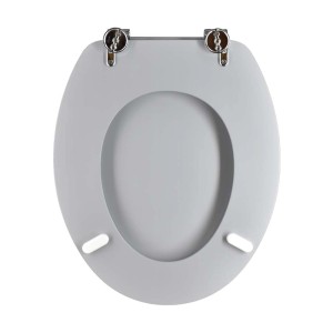 Sedile WC t.b.t. grigio con cerniere cromate, vista dall'alto.