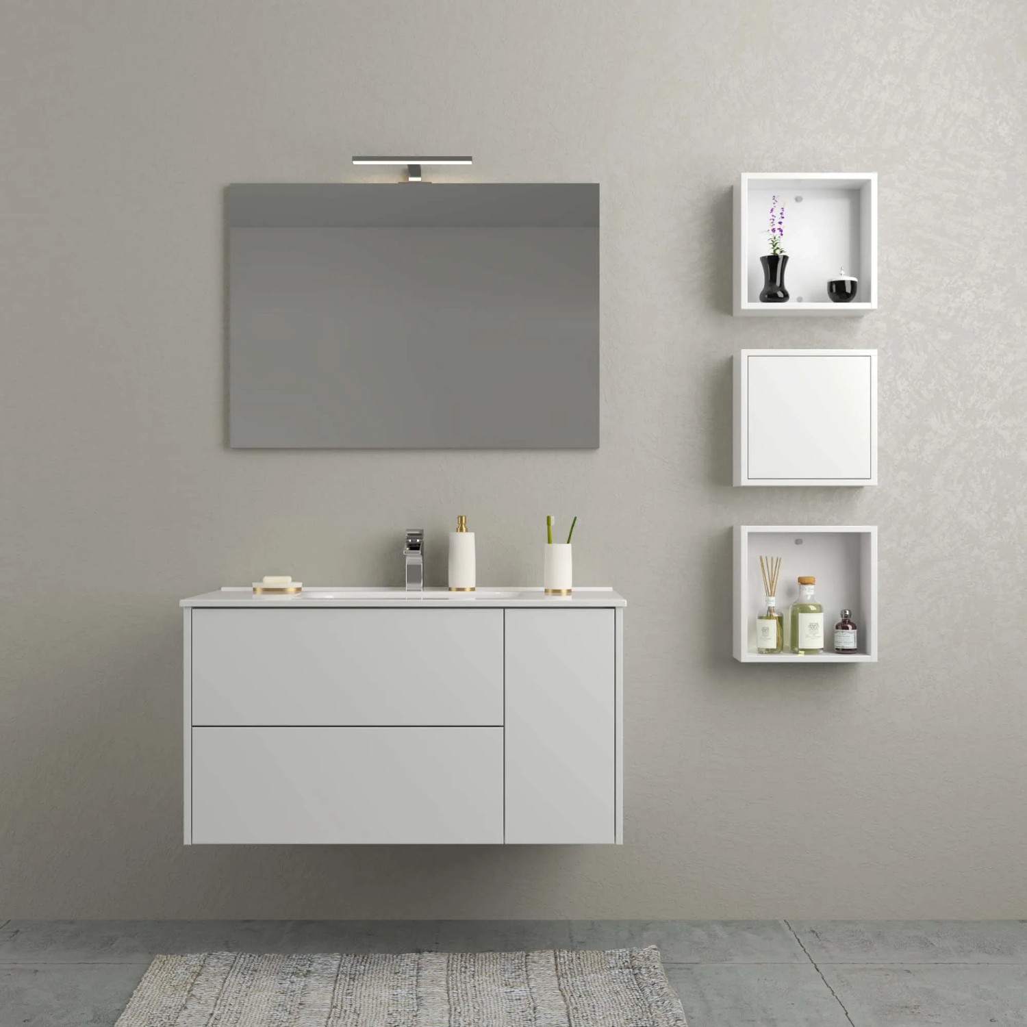 Set di mobili da bagno moderni bianchi con lavabo, specchio e mensole. Ideale per bagni eleganti.