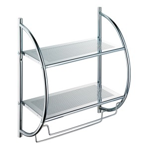 Mensola da bagno cromata con 2 ripiani e 2 portasciugamani.