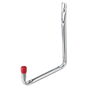 Gancio a muro zincato, 140x115mm, con cappuccio in gomma rossa per montaggio a parete.