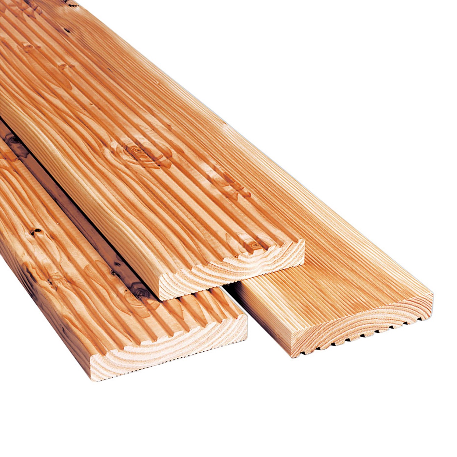Tavola per terrazza in douglas, 2,1x12x400cm, con superficie liscia e scanalata.