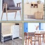 Collage di vari mobili: poltrona, credenza, scarpiera e set da pranzo.