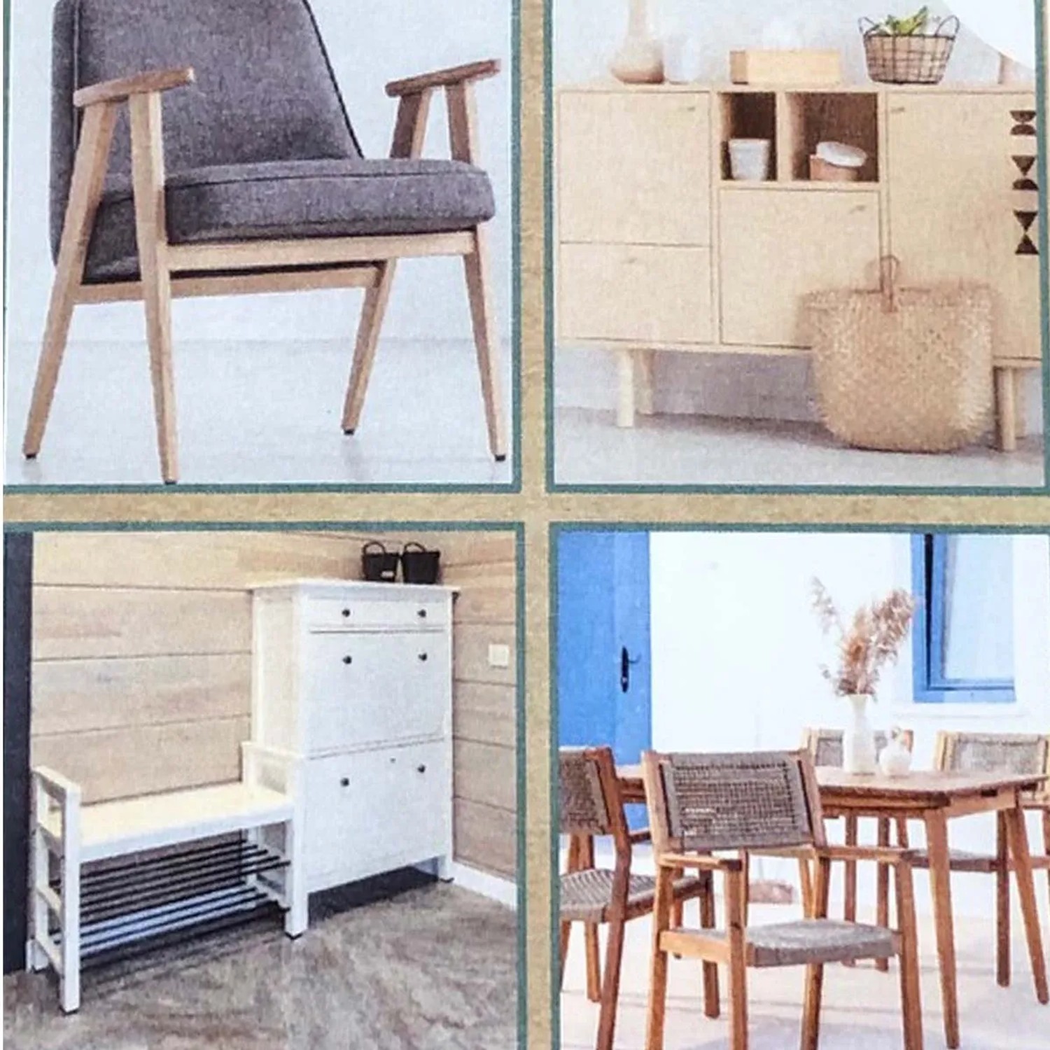 Collage di vari mobili: poltrona, credenza, scarpiera e set da pranzo.