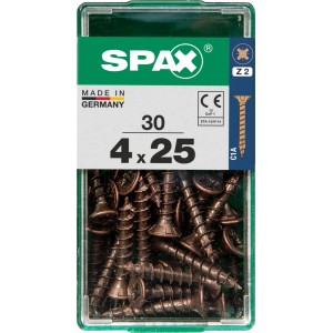 Viti per legno SPAX 4x25 mm in contenitore trasparente. Ideali per giunzioni in legno.