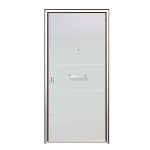 Porta blindata t.b.t. bianca con linee orizzontali e maniglia argentata.