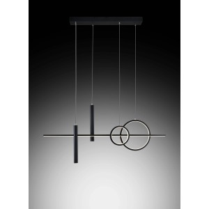 Lampada a sospensione nera moderna con forme geometriche per spazi abitativi.