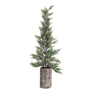 Albero di Natale artificiale slim in vaso con effetto neve leggero.