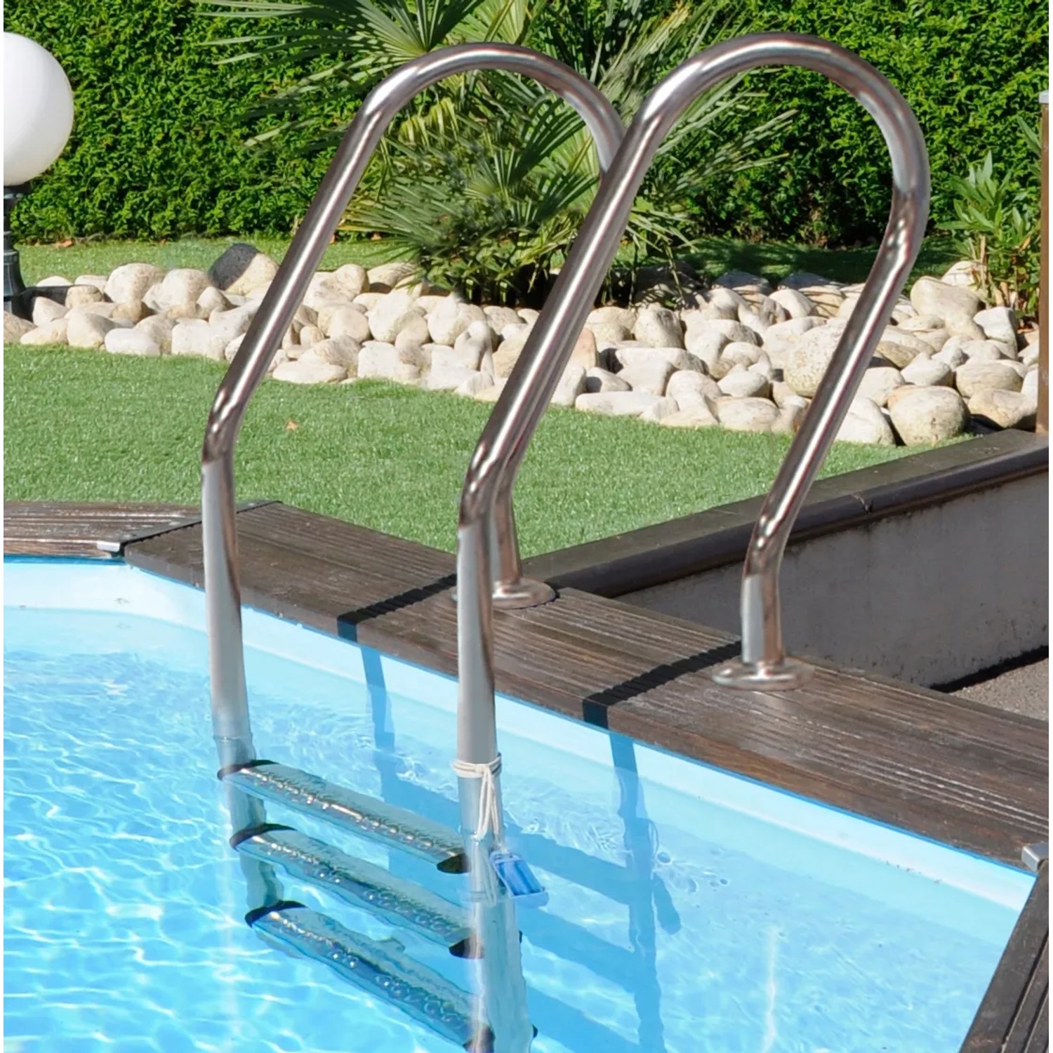 Scala in acciaio inox per Gre Echtholzpool Safran 2 Oval, dettaglio.