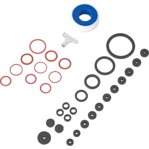 Set di guarnizioni da 34 pezzi per cucina e bagno con vari anelli di tenuta e nastro sigillante.