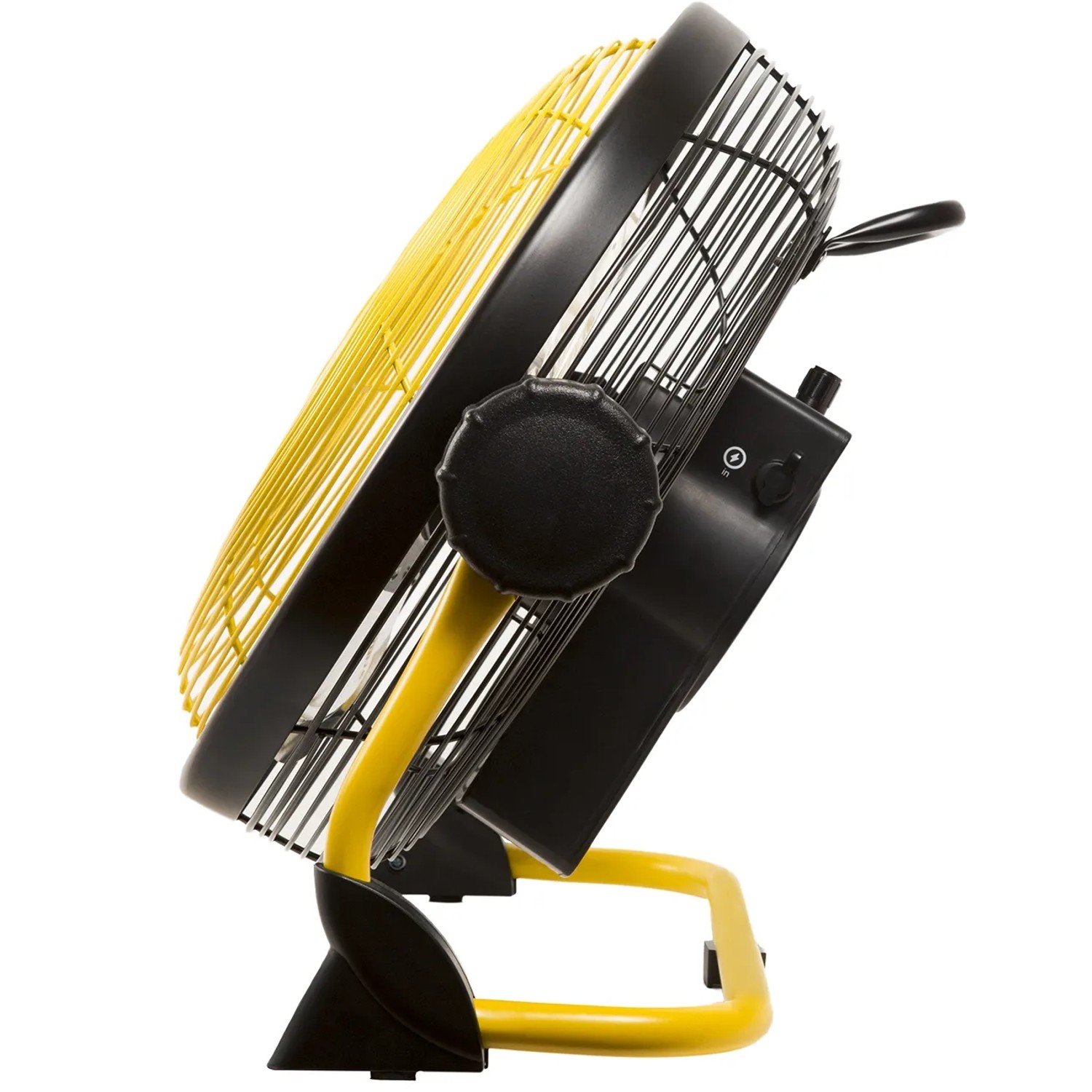 Ventilatore giallo con griglia di protezione nera per un utilizzo flessibile.