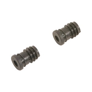 Due manicotti neri per perni filettati, adatti per ruote e rotelle.