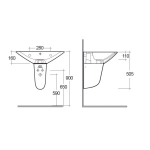 Disegno tecnico lavabo t.b.t. per bagno, misure e dettagli.