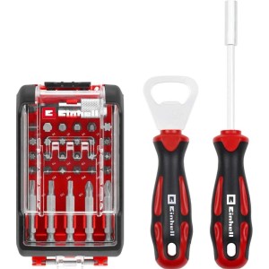 Einhell Toolbox set 32 punte con impugnatura cacciavite, portapunte e apribottiglie in scatola rossa.