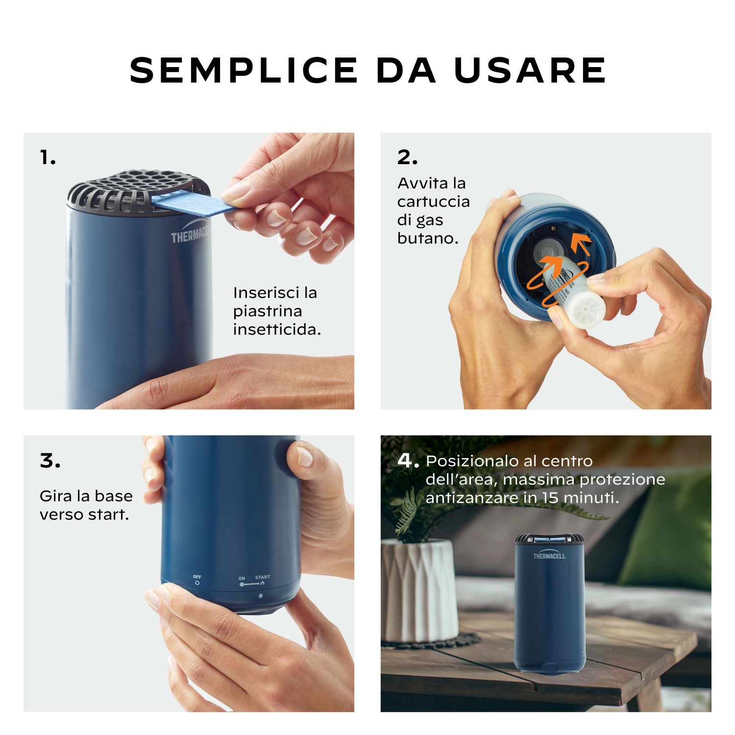 Istruzioni per l'uso del dispositivo antizanzare t.b.t. in 4 passaggi.