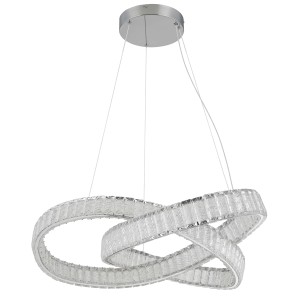 Moderna lampada a sospensione a LED con due anelli intrecciati.