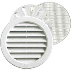 Griglia di areazione t.b.t. bianca, rotonda con lamelle e inserto a griglia.