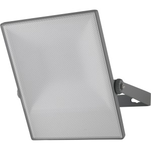 Faro da cantiere LED t.b.t. grigio con corpo illuminante rettangolare e staffa regolabile.