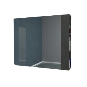 Specchiera t.b.t. con ante blu e ripiano a giorno.