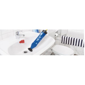 Tappo di scarico LUX Classic blu nel lavandino, misura universale per la pulizia dello scarico.