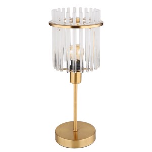 Elegante lampada da tavolo con base dorata e paralume in aste di vetro acrilico trasparente.