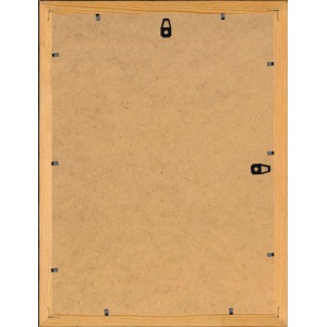 Retro di una cornice in legno. Gancio visibile.