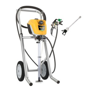 Sistema di verniciatura a spruzzo giallo t.b.t. su carrello con pistola a spruzzo e lancia.