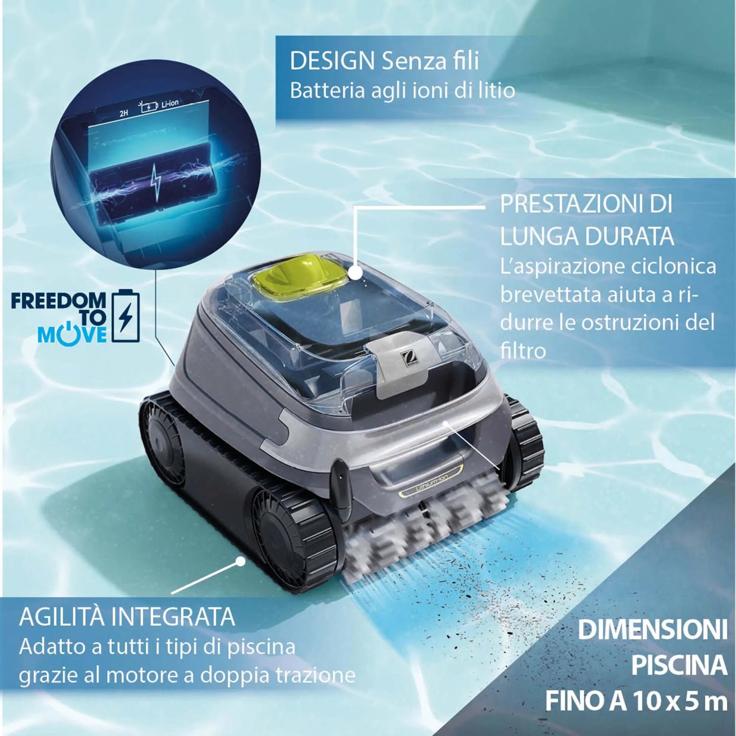 Robot piscina a batteria Zodiac CBAT - CNX-Li 5220 iQ, grigio. Pulitore per piscine senza fili per piscine fino a 50 m².