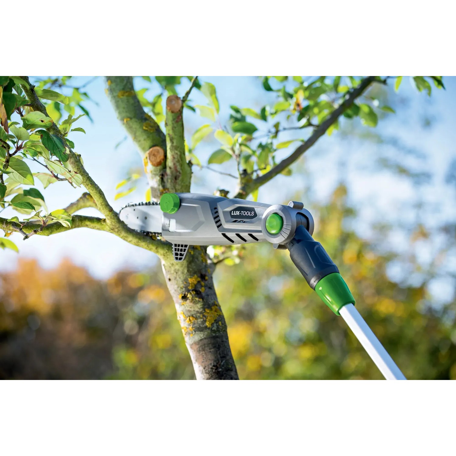 Potatore a batteria che taglia un ramo. Potatore del marchio t.b.t.