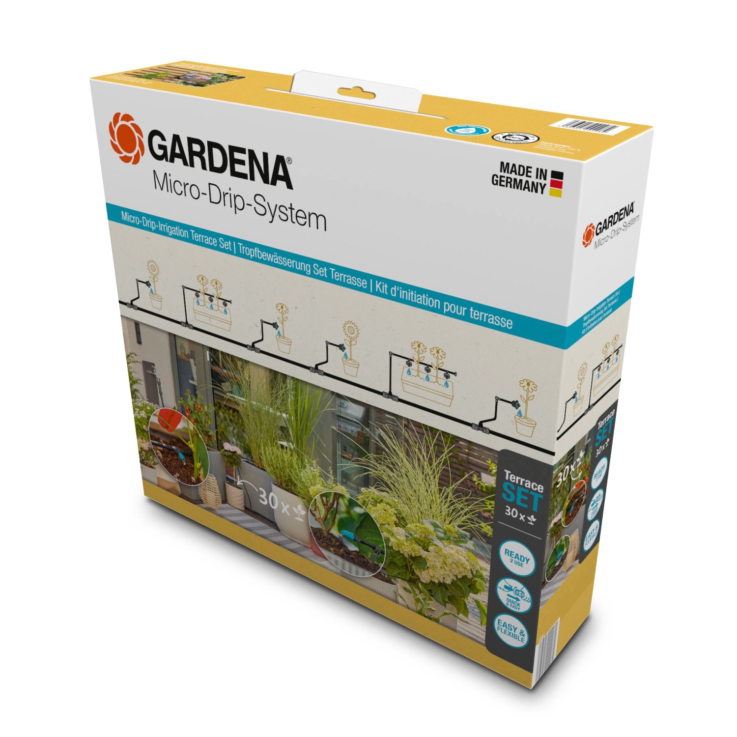 Gardena Set irrigazione a goccia per terrazza per 30 piante, in scatola, pronto all'uso.