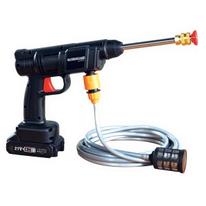 t.b.t. Idropulitrice a batteria: Pistola nera con ugello, batteria e tubo per la pulizia.