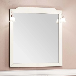 Specchio da bagno quadrato con cornice bianca e due luci.