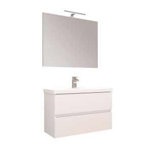 Mobile bagno bianco con due cassetti, rubinetto e specchio con lampada. Arredo bagno.