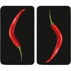 Copri piano cottura Wenko Hot Peperoni, set da 2 con motivi di peperoncino rosso su sfondo nero.