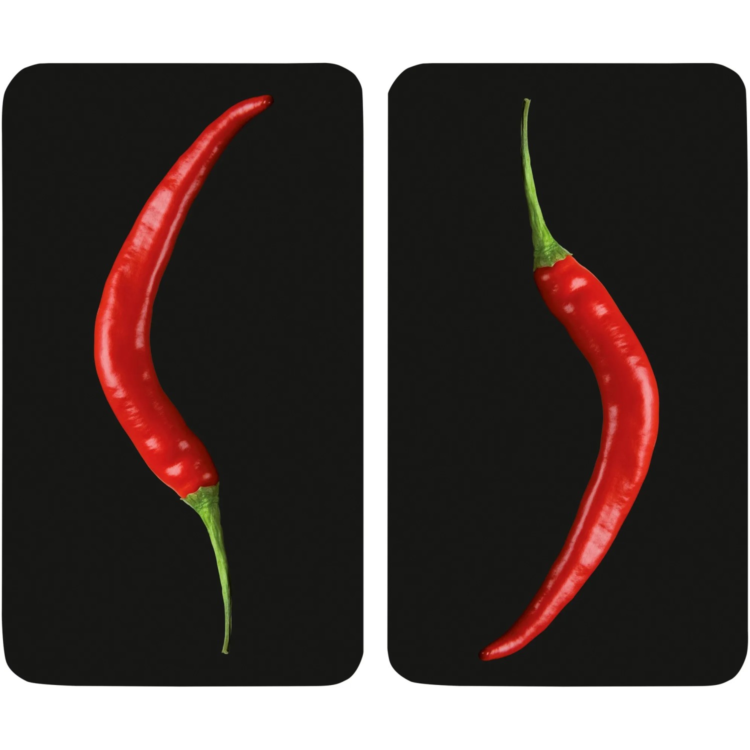 Copri piano cottura Wenko Hot Peperoni, set da 2 con motivi di peperoncino rosso su sfondo nero.