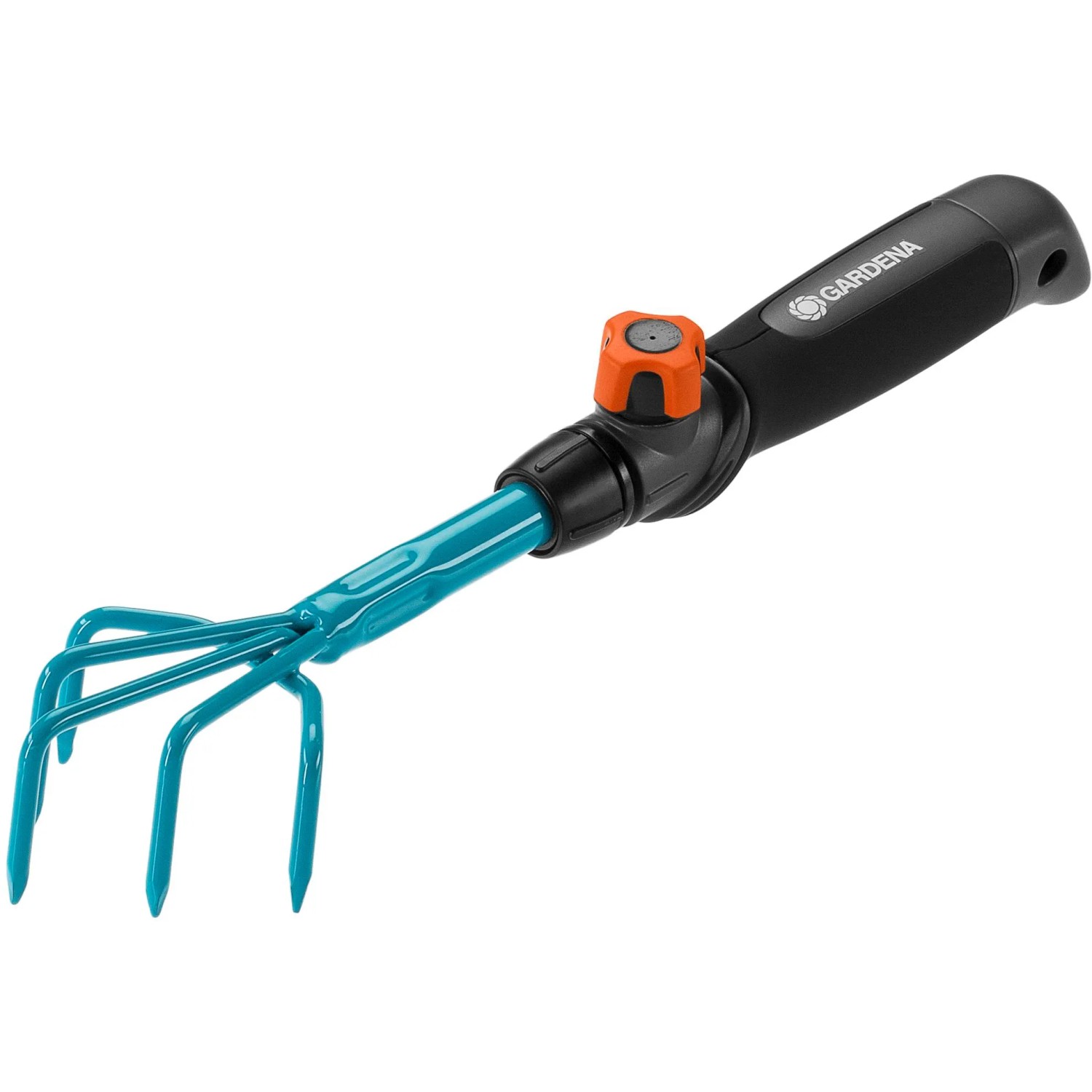 Zappa per fiori Gardena combisystem per allentare il terreno con manico in metallo blu e impugnatura nera.