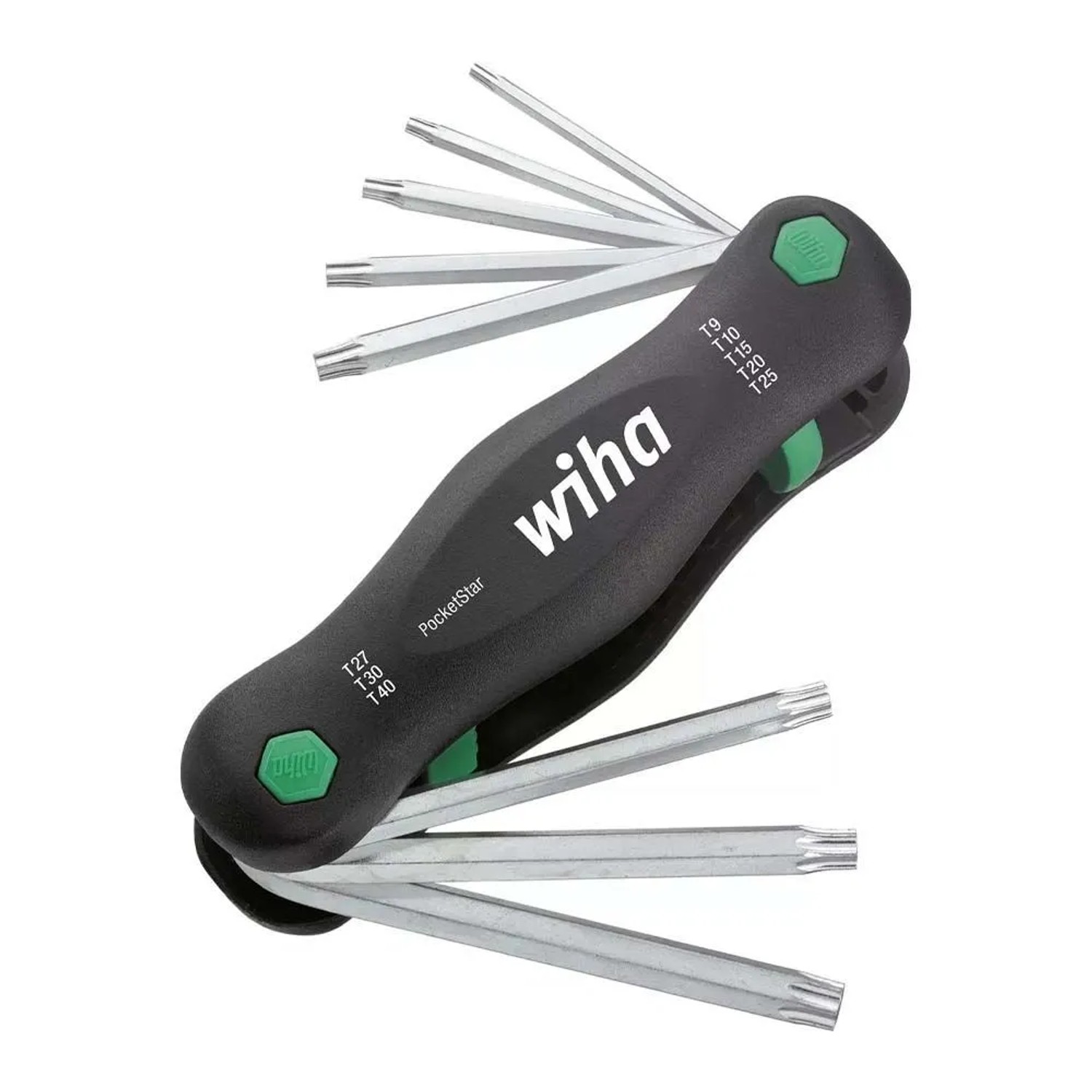 Set di chiavi Torx pieghevoli Wiha PocketStar con impugnatura nera e chiavi Torx argento T9-T40.