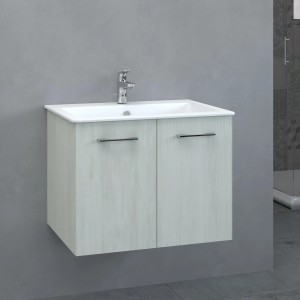 Mobile bagno moderno con due ante e lavabo da appoggio.