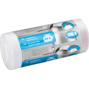 Rotolo di sacchi per rifiuti da 35 l con coulisse, 25 pezzi, in plastica trasparente.