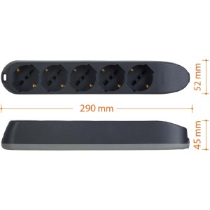 Multipresa nera t.b.t. con 5 prese e dimensioni indicate.