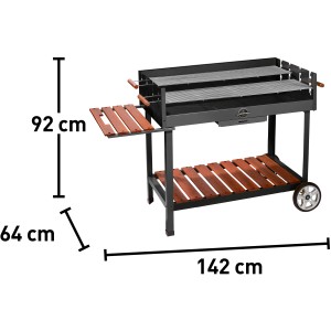 Jamestown Grill a carbone Ben XL con ripiani e ruote, dimensioni indicate.