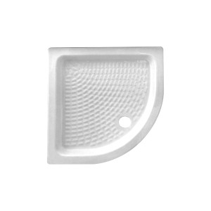 Piatto doccia angolare bianco t.b.t. con forma a quarto di cerchio e scarico.