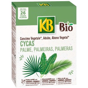 Concime per palme KB Bio per cycas e palme, confezione con foglie verdi.