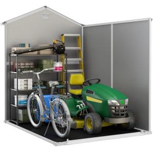 Casetta da giardino in plastica Keter grigia (3,9 m²) con attrezzi da giardino, scala, tosaerba e bicicletta.