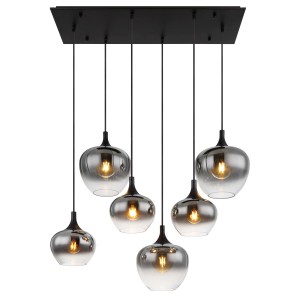 Lampada a sospensione moderna con sei paralumi in vetro grigio fumo per un'illuminazione elegante.