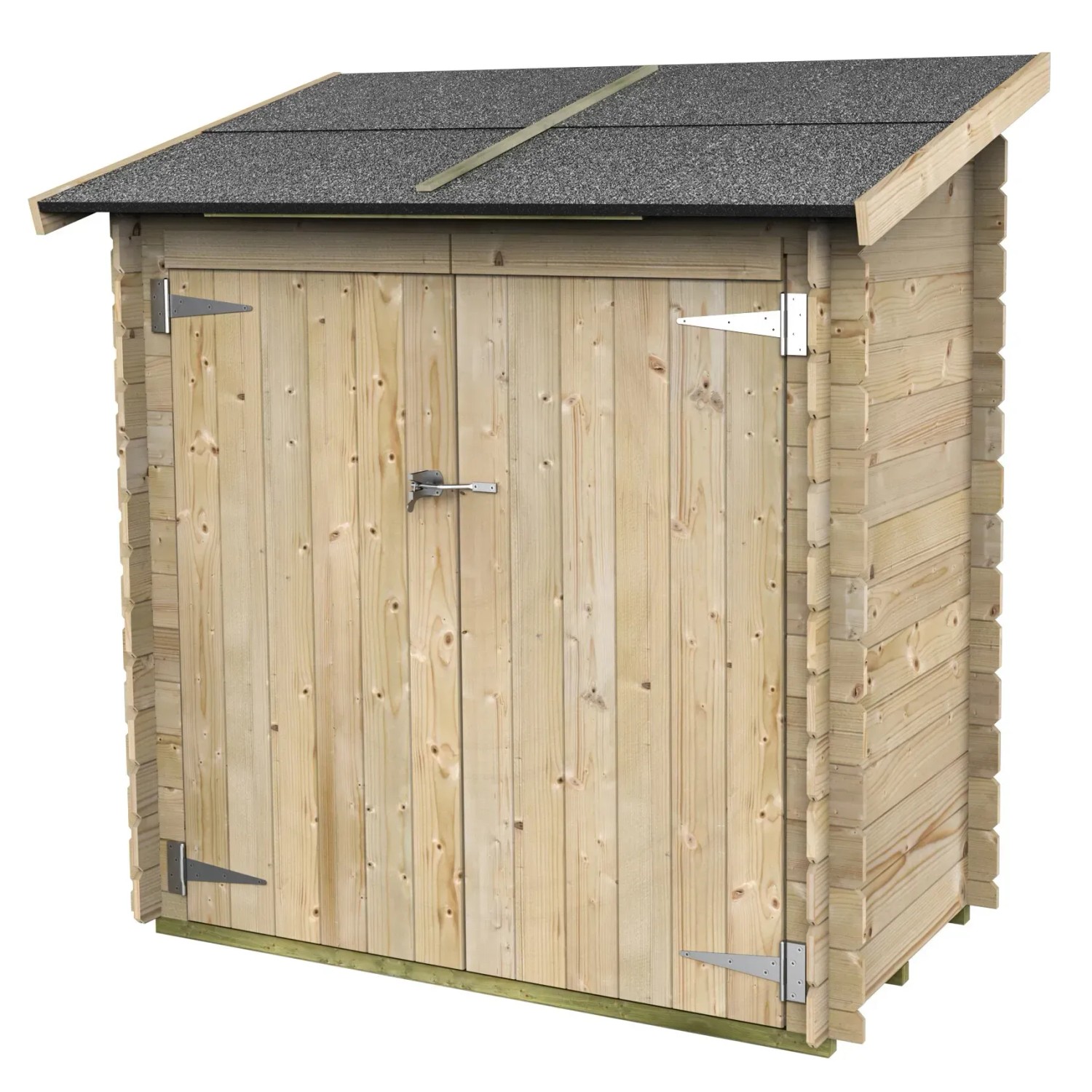 Casetta in legno Serena 155x85 cm: casetta da giardino con doppia porta e tetto in ardesia grigia, ideale come rimessa attrezzi o box per bidoni.