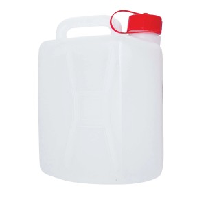 Tanica d'acqua bianca con tappo rosso per campeggio e outdoor.