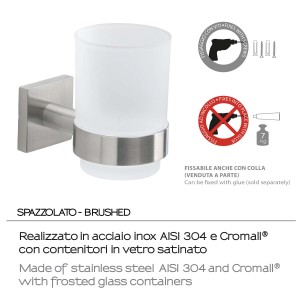 Portaspazzolini t.b.t. in acciaio inox con contenitore in vetro satinato.