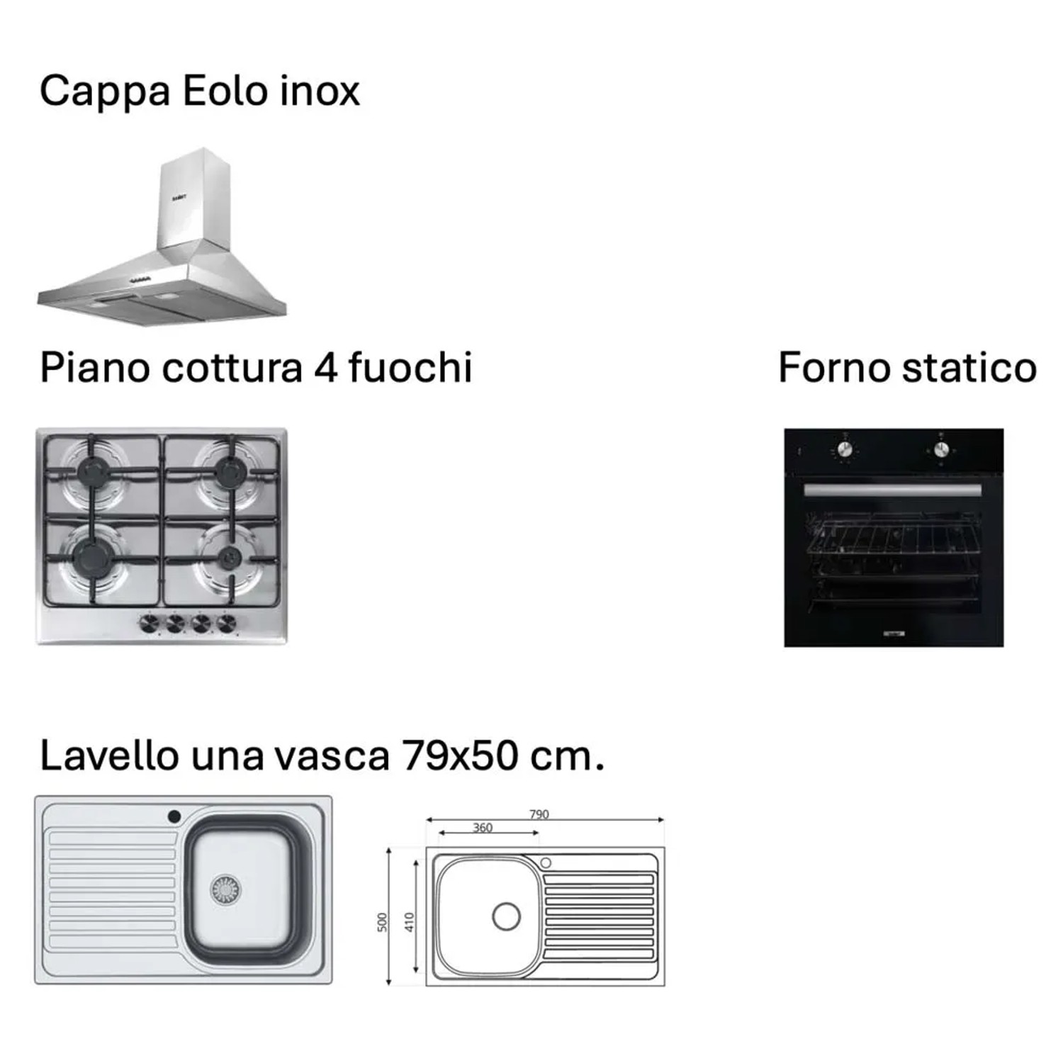 Immagine di una cucina completa con cappa aspirante, piano cottura, forno e lavello.