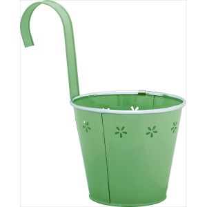 Vaso da appendere in metallo verde con motivo floreale per balcone e terrazza.